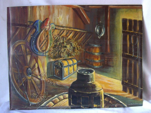 TABLEAU ANCIEN SIGNÉ – L'ÉCURIE – HUILE sur PANNEAU BOIS