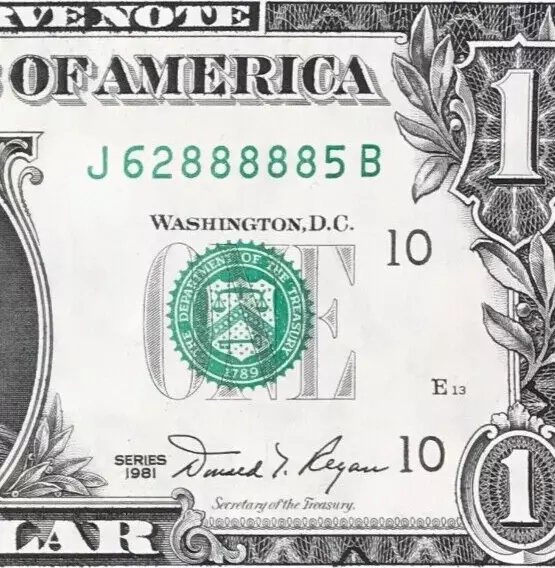 J 62888885 B : Five 8 's in a Row $1 One Dollar Bill