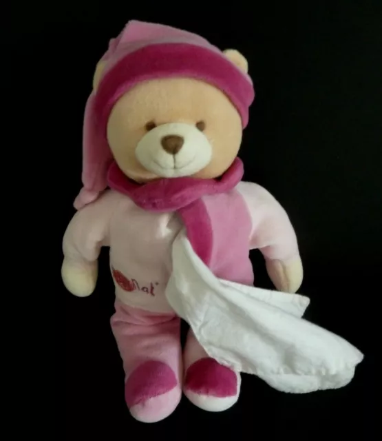 X7- DOUDOU BABY NAT babynat' OURS VELOURS ROSE MOUCHOIR BLANC BONNET 26cm - TTBE