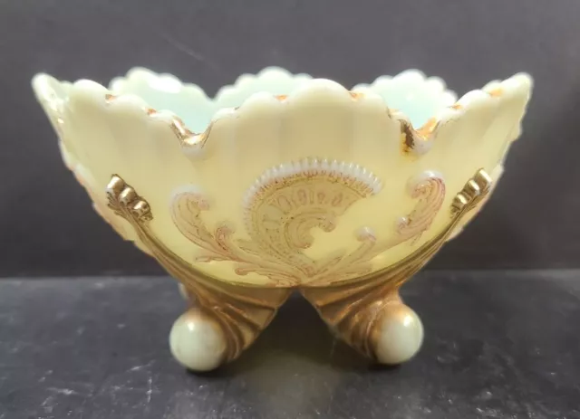 VINTAGE 1890s NORTHWOOD INVERTED FAN & FEATHER BERRY BOWL CUSTARD GLASS