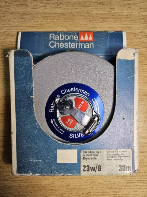 Vintage Boxed Rabone Chesterman Silverline tape in steel case 13mm wide 23w 30m