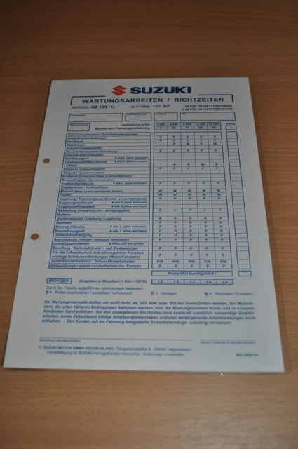 INSPECTION SHEET SPECIFICATIONS SUZUKI GZ 125 U Marauder from X 1999 ...