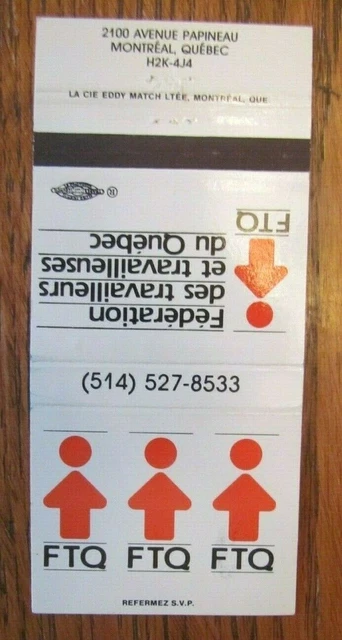 Union Matchbook Cover: Ftq Montreal, Quebec Empty Matchcover -D8