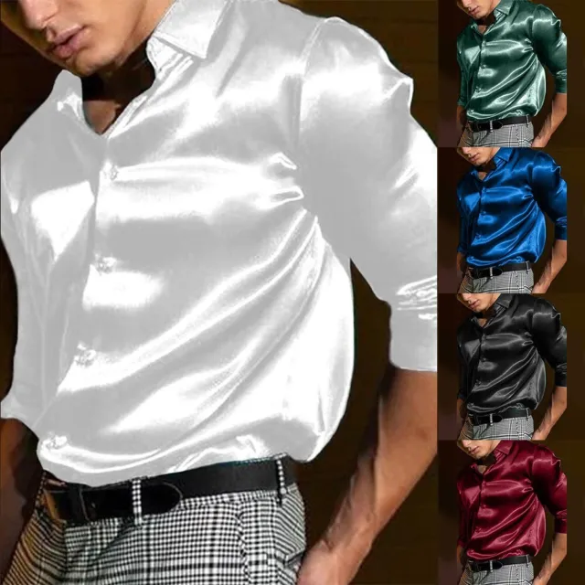 Chemise à manches longues décontractée boutonnée pour homme en soie satinée