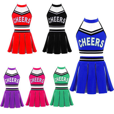 Girls Cheerleading Costume Crop Top Pleated Mini Skirt Set School Uniform Outfit