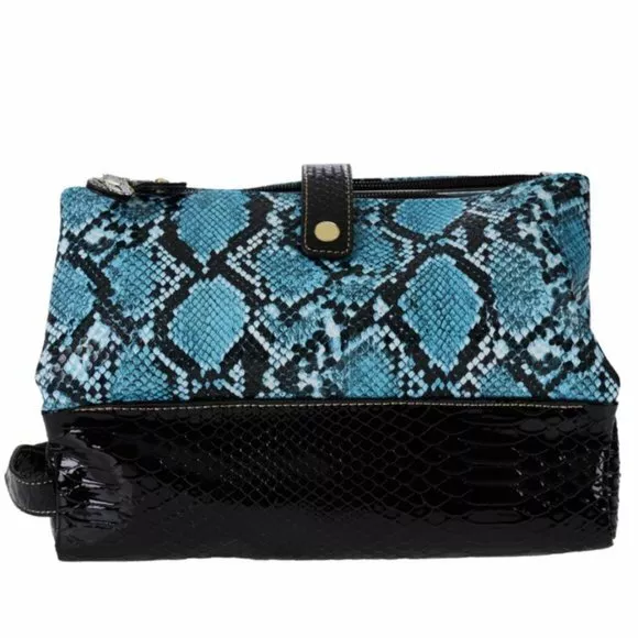 Samantha Brown Embossed  Snake Print 3 Compartment Organizer BLUE/BLACK nwt