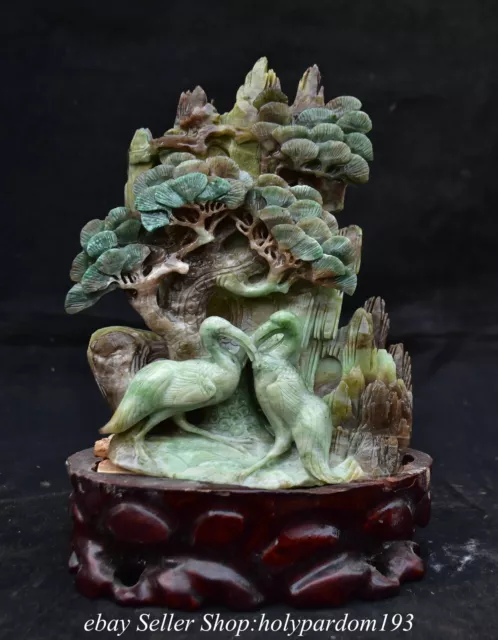 9.2" Chinese Natural Dushan Jade Carved Mountain Tree Cranes Statue Sculpture