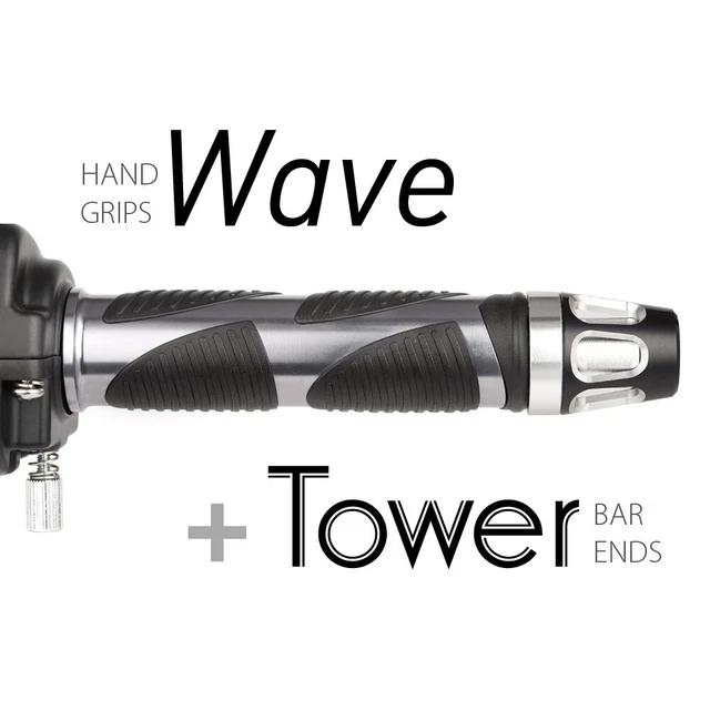 KiWAV Motorcycle Wave Grips Dark Gray with Tower Bar Ends Silver/Silver