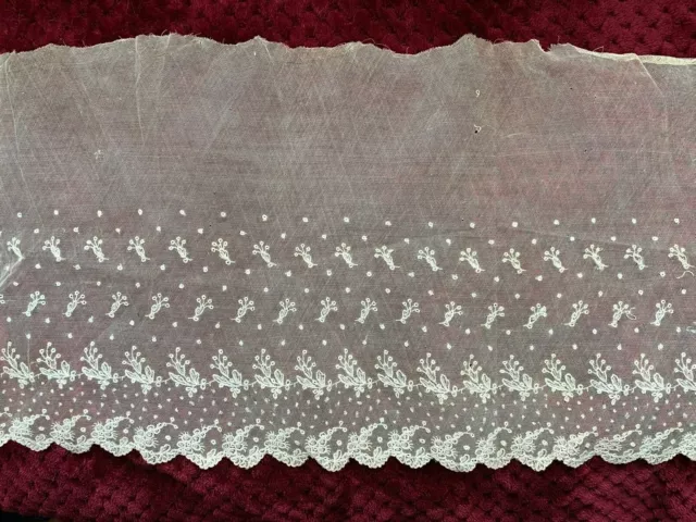Gorgeous Antique Needle Lace Edging embroidery on tulle, Plumetis 70cm by 25cm