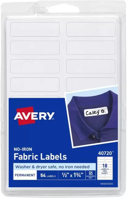 Avery No-Iron Fabric Labels, White, 45 x 13mm, A6 Sheet, 54 Labels (40720) 1Pk