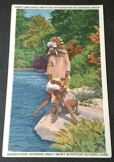 Chief Lone Eagle & Scout Cherokee Indian Reservation PC Postcard