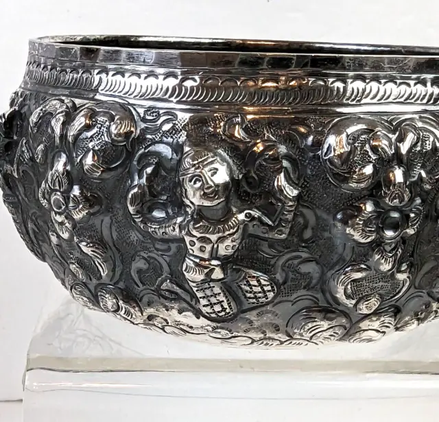 Antique 19th Century Handmade Burmese Thabeik Thai Repousse Solid Silver Bowl 3