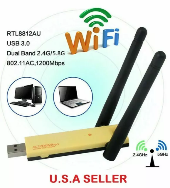 USB 3.0 1200Mbps Long Range AC1200 Dual Band 5GHz Wireless WiFi Adapter Antennas