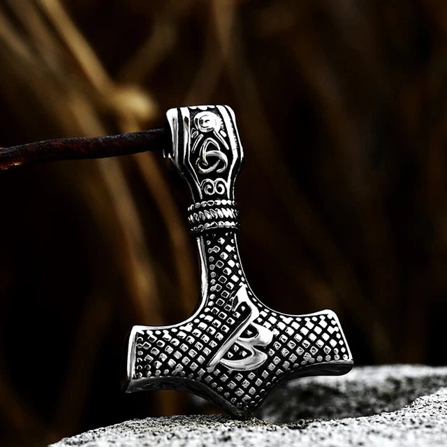 Mens Stainless Steel Viking Wolf Thor Hammer Pendant Necklace Norse Mjolnir Odin
