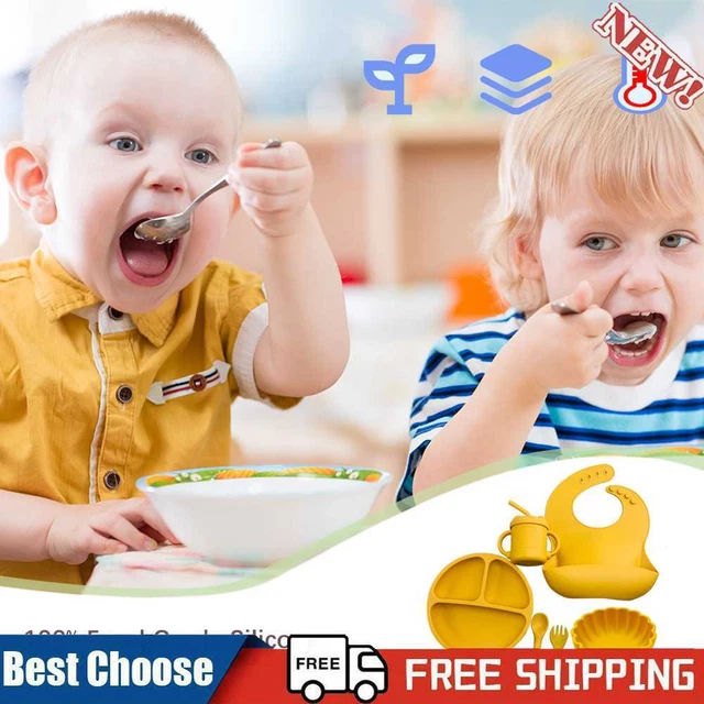 Juego de 6 vajilla de alimentación de silicona para bebés con BPA (amarillo)