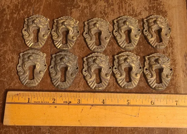 Lot of 10 Vintage lion head key hole cover Brass ornate chest box