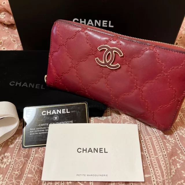 CHANEL Ultra Stitch Round Zipper Long Wallet Lambskin Leather Coco Mark Red