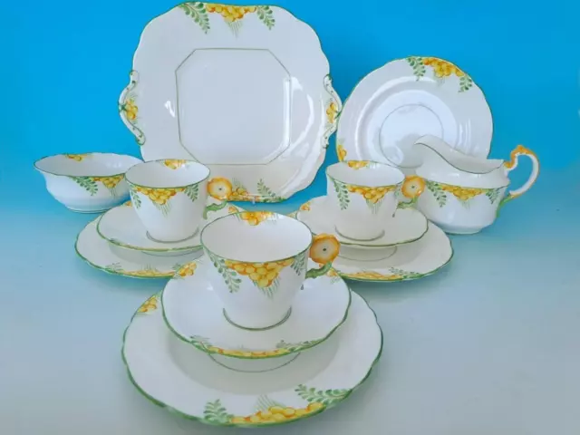 AYNSLEY FLOWER HANDLED TEASET, 3 x TRIOS, BREAD PLATE, MILK/SUGAR, LIKE PARAGON