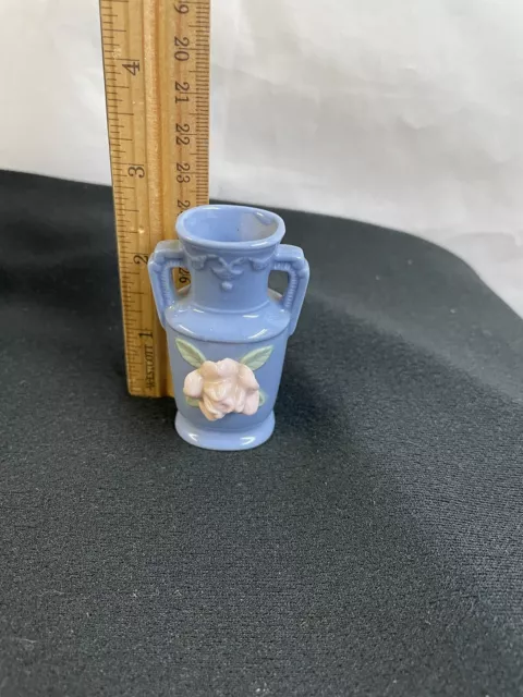 Vintage Mini 2.75" Blue Vase with Pink Flower Made in Occupied Japan 