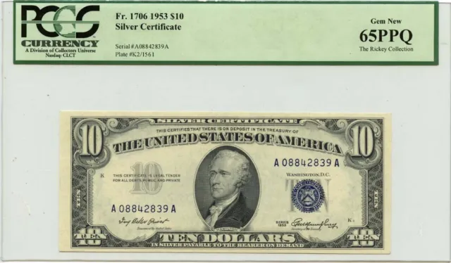 1953 $10 Silver Certificate Blue Fr# 1706 PCGS GEM 65 PPQ