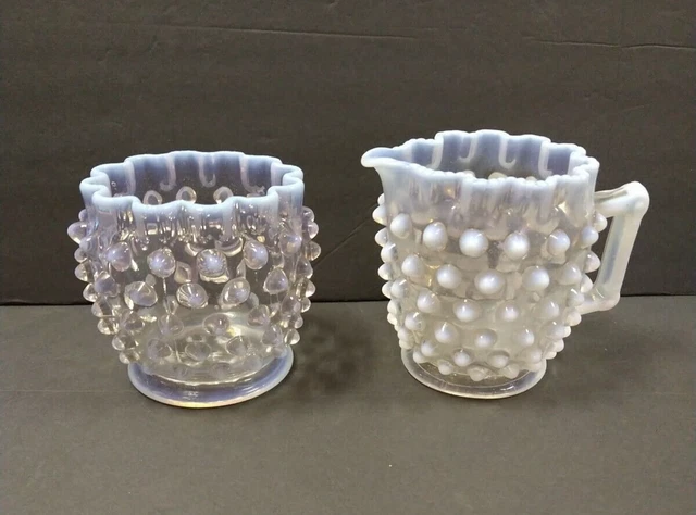 Vintage Hobnail Opalescent Aqua Crest Creamer Sugar Bowl Set Excellent