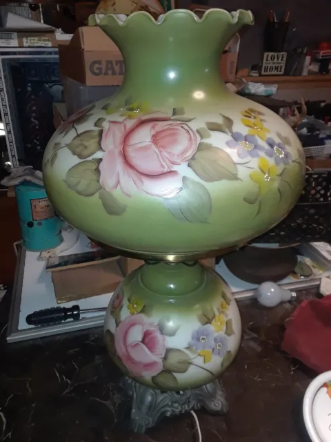 Antique "Gone with the Wind" Green Hurricane Hand Painted Rose 2-way Parlor Lamp