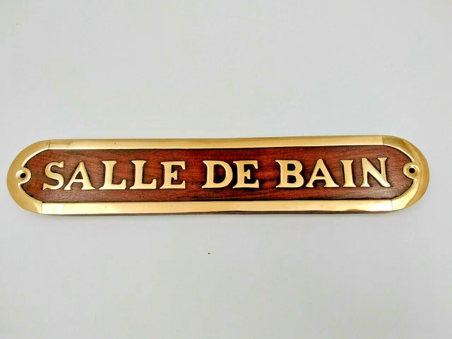 PLAQUE DE PORTE bois et laiton SALLE DE BAIN longueur 26cm pour la
