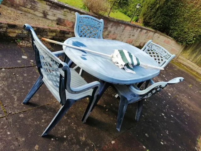 Outdoor Table and Chairs Blue with Sun Umbrella - Used