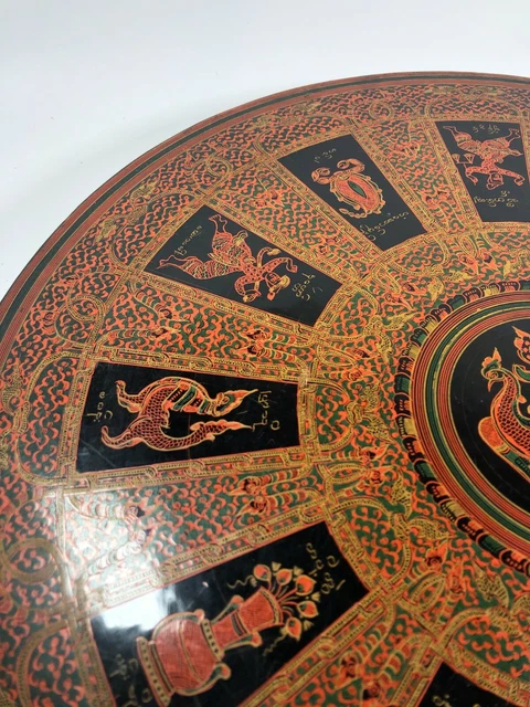 Vintage Burmese Lacquerware tray Hand Painted Red Black Betel Nut Wood Myanmar 3