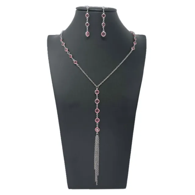 Pendientes Collar Largo Cristales Set Mujer Moda Elegante Brillante Plata Rosa