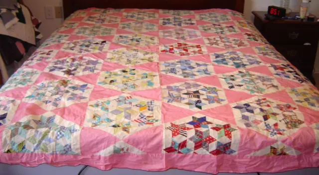 TOP DE EDREDÓN DE COLECCIÓN AÑOS 1940-50 CÍRCULO DE ESTRELLAS 72 X 89 desaliñado a mano y cosido a máquina