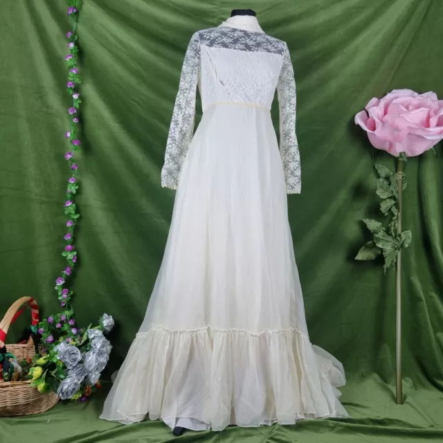 Vintage 1960s 70s White Regency Inspired Wedding Dress With Floral Bodice Fits 8