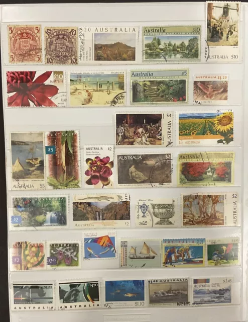 AUSTRALIA. 50 HIGHER VALUE FINE USED STAMPS + 2 M/S Values to $20