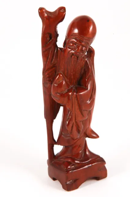 Vintage Chinese Wooden Shou Lao Longevity God Bearded Immortal Figurine