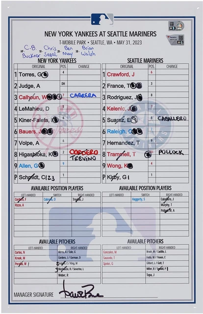 New York Yankees Game-Used Lineup Card vs. Seattle Mariners on May 31, 2023