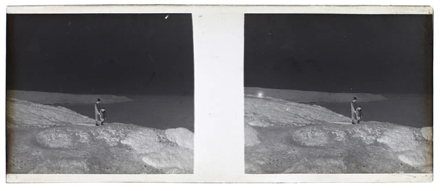 Famille à la mer c1930 Photo NEGATIVE Plaque de verre Stereo Vintage V34L5n