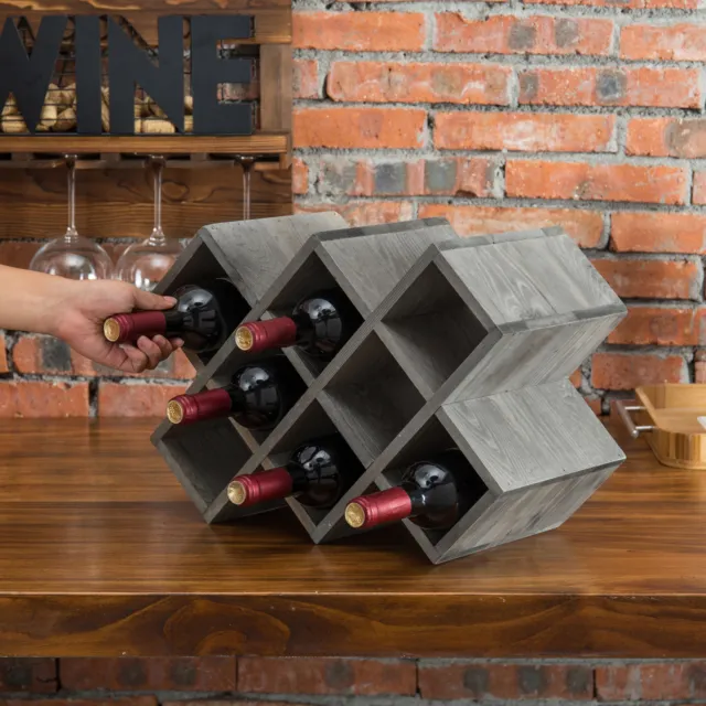 8-Bottle Countertop Vintage Gray Wood Geometric Design Wine Bottle Storage Rack