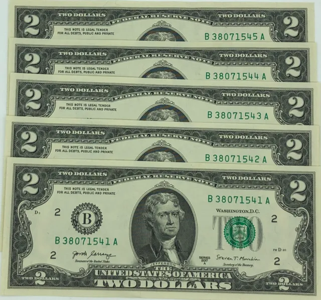 New Uncirculated Two Dollar Bills  Pack Of Five Sequential Seral # $2 Bills (5)