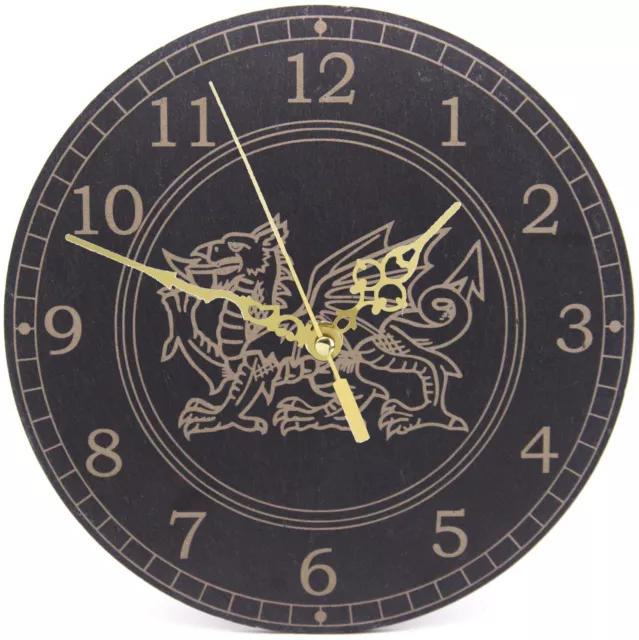 Genuine Welsh Slate Wall Clock With Welsh Dragon Design, Non-Ticking Silent