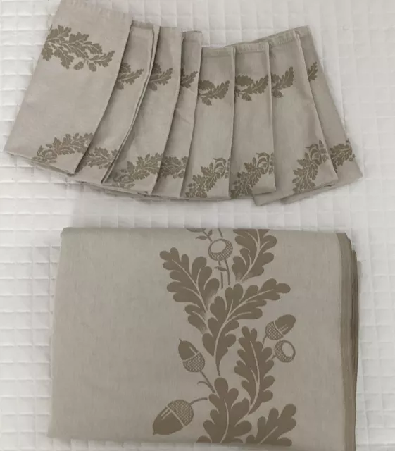 Irish Linen Damask Tablecloth and 8 Napkins Oak Leaf Acorn Beige Made In Ireland