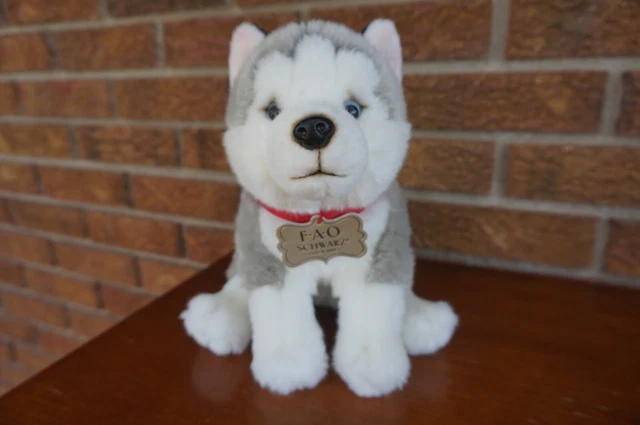 PLUSH FAO Schwarz HUSKY Dog Puppy Wolf Pup Gray White Red Collar Stuffed Animal
