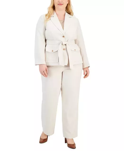 Le Suit women's Belted Safari Jacket Pantsuit Blazer + pants khaki/White Size 16