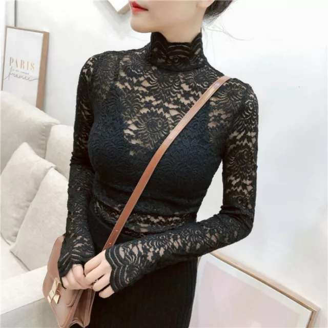 Lady Slim Floral Lace Tops Mesh Hollow Sheer T-shirt Pullover Turtle Neck Blouse