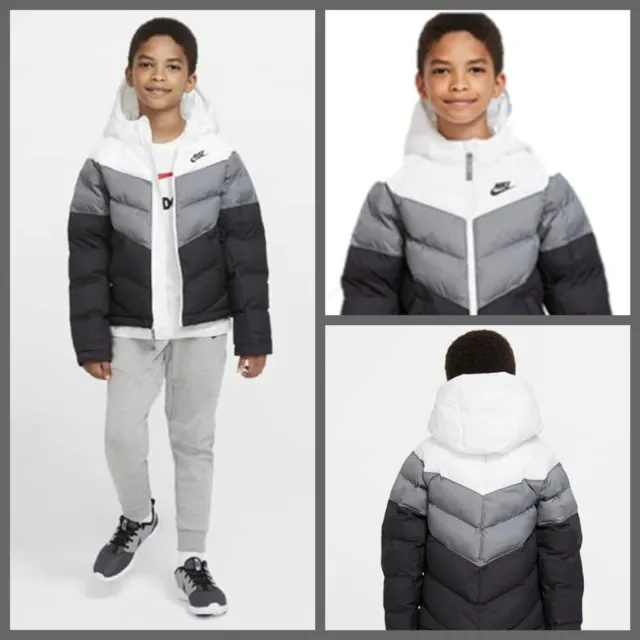 Nike Sportswear Boys Kids Jacket Wht Smoke Grey Blk   Synthetic-Fill Hooded Sz M