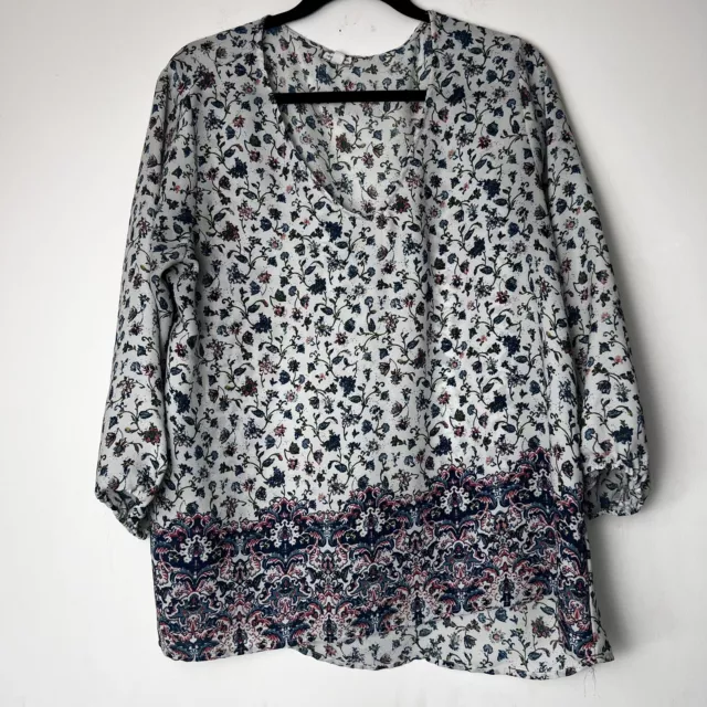 Eye Shadow Top Blouse Women XL Floral V Neck 3/4 Sleeve Shirt