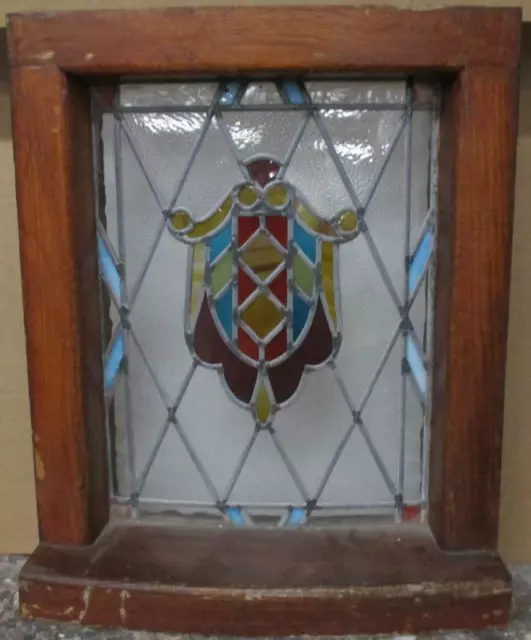 MIDSIZE OLD ENGLISH LEADED STAINED GLASS WINDOW Heraldic Shield 19.25" x 24"