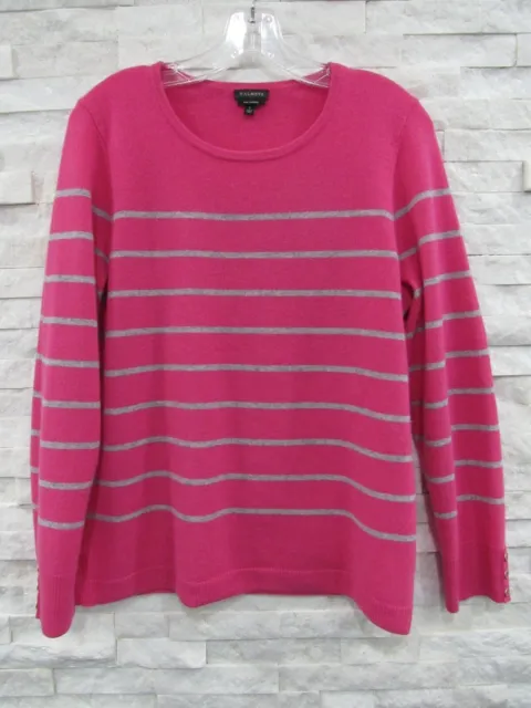 Talbots Pink & Gray Striped 100% Cashmere Long Sleeve Button Cuff Sweater L