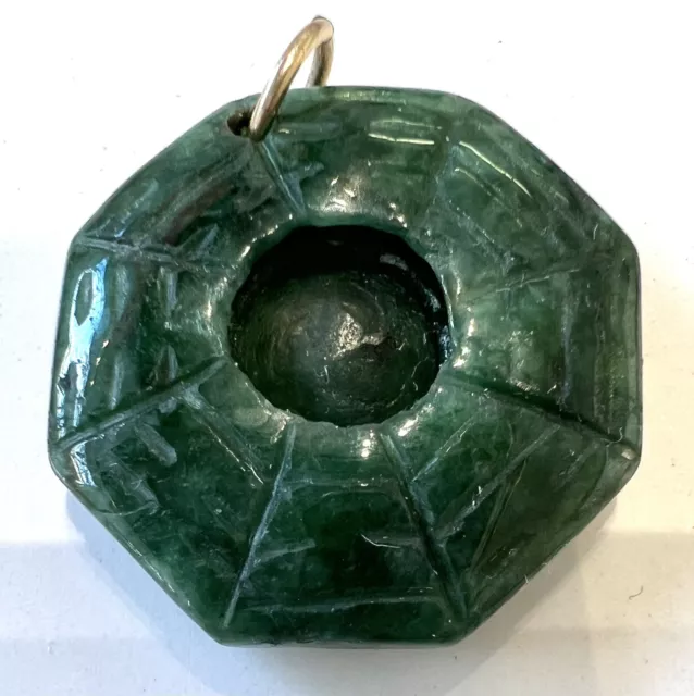 Chinese Old Hollow Carved Spinach Green Jade Ba Gua Mirror Shaped Pendant ,25mm
