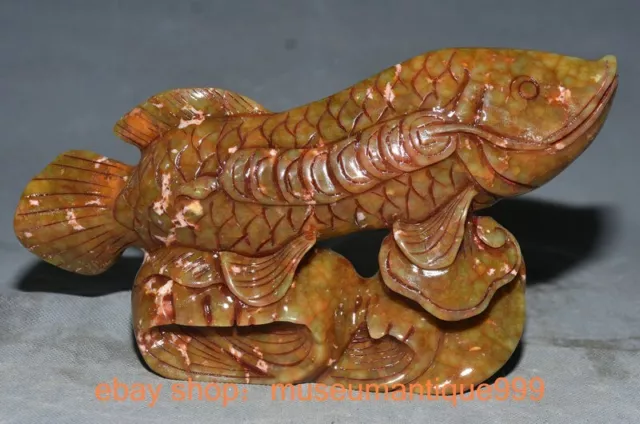 10" Rare Chinese Old jade carving Fengshui Fish wealth coin lucky sculpture