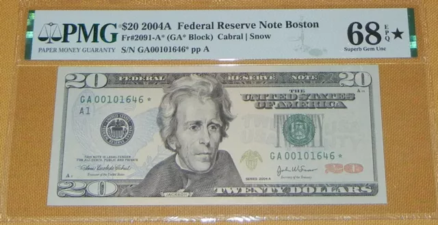 (1) 2004 A - Pmg Fancy Serial Number - $20 Star Note - Superb Gem Unc 68 Epq